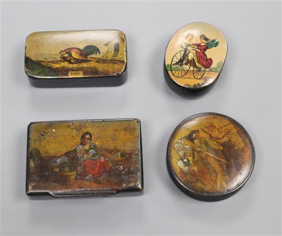 Four various papier mache snuff boxes